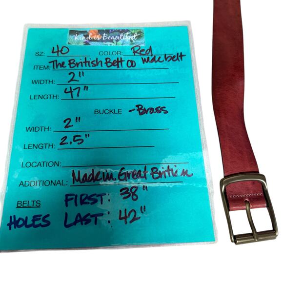 The British Belt Co Red Leather Belt SZ 40 Mens Brass Buckle Classic Wide Thick - Picture 11 of 11